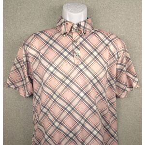 Iliac Mens Polo Shirt Short Sleeve Medium Plaid Pink Made in‎ USA READ